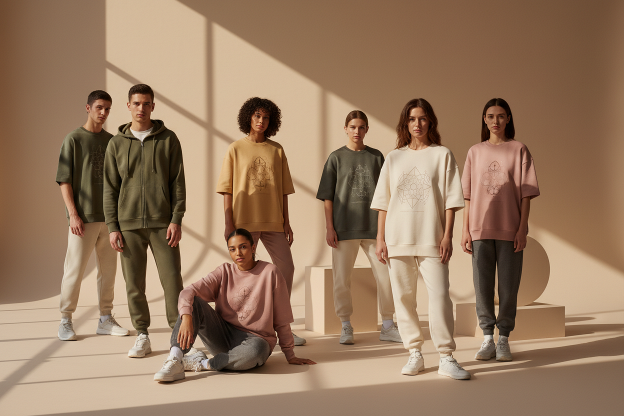 A wide, cinematic banner featuring stylish unisex streetwear items including zip hoodies, oversized sweatshirts, and premium cotton t-shirts in earthy neutral colors. Clean aesthetic. Models casually posing in a soft natural light studio, wearing minimal, deep-meaning graphic designs on the clothing. Light beige and mocha backgrounds, soft shadows, subtle realism, no text, no logos. Ultra high resolution, 16:9 ratio, commercial fashion photography style.